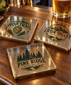 Illustrative glass brewery coasters with different brewery logo samples