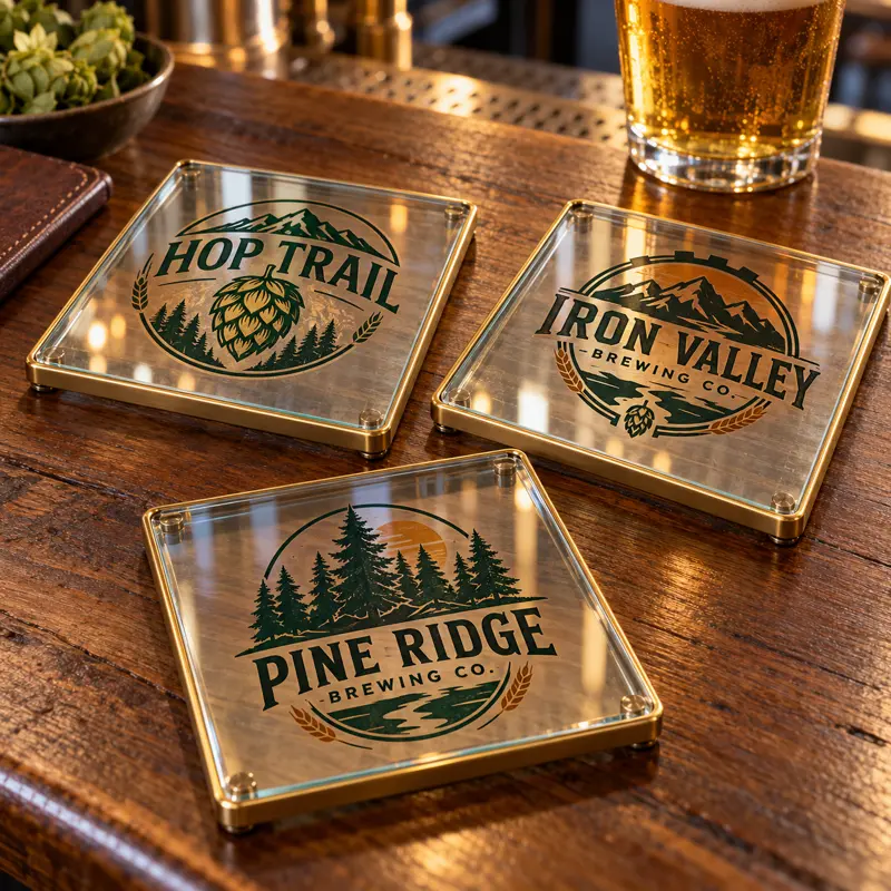 Illustrative glass brewery coasters with different brewery logo samples