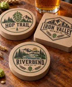 Illustrative kraft brewery coasters with different brewery logo samples