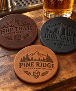 Illustrative leather brewery coasters with different brewery logo samples