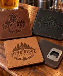 Illustrative leather opener brewery coasters with different brewery logo samples