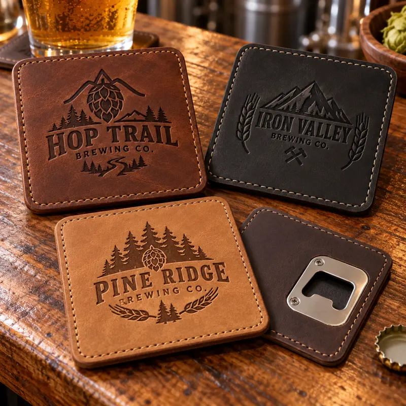 Illustrative leather opener brewery coasters with different brewery logo samples