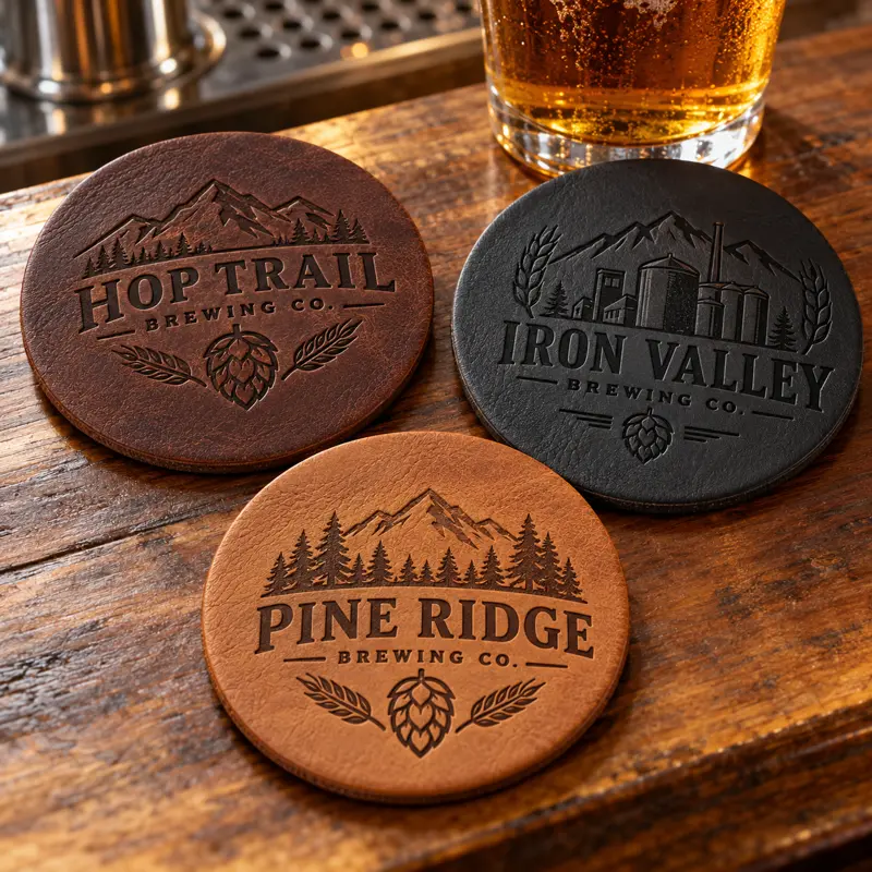 Illustrative leather brewery coasters with different brewery logo samples