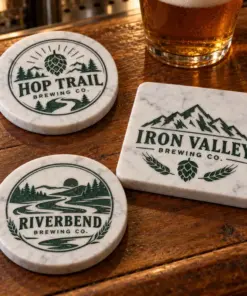 Illustrative marble brewery coasters with different brewery logo samples