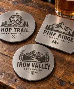 Illustrative metal brewery coasters with different brewery logo samples
