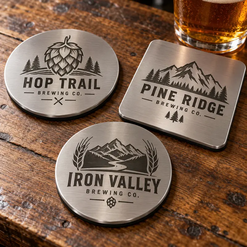 Illustrative metal brewery coasters with different brewery logo samples