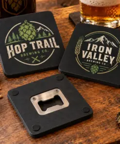 Illustrative opener brewery coasters with different brewery logo samples