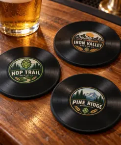 Illustrative record brewery coasters with different brewery logo samples