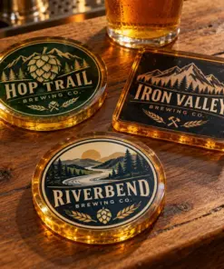 Illustrative resin brewery coasters with different brewery logo samples