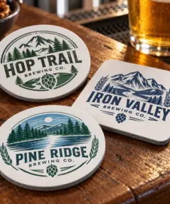 Illustrative soft diatom brewery coasters with different brewery logo samples