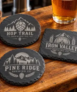Illustrative stone brewery coasters with different brewery logo samples
