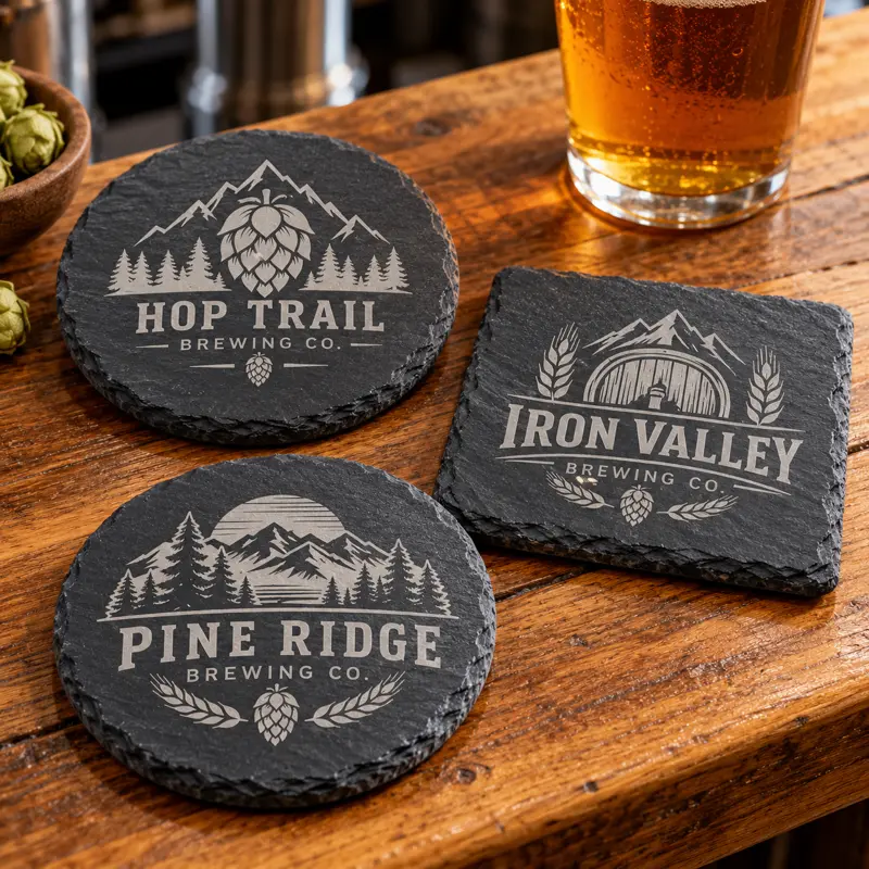 Illustrative stone brewery coasters with different brewery logo samples