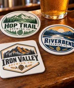 Illustrative vinyl brewery coasters with different brewery logo samples