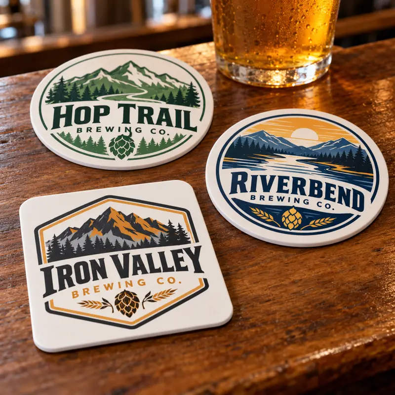 Illustrative vinyl brewery coasters with different brewery logo samples