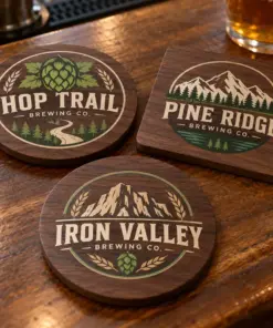 Illustrative walnut brewery coasters with different brewery logo samples