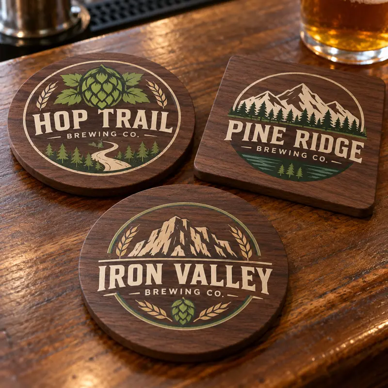 Illustrative walnut brewery coasters with different brewery logo samples