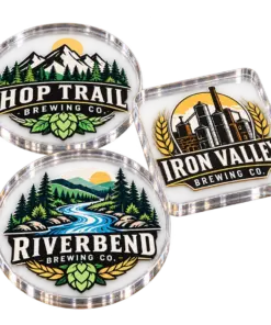 Brewery acrylic coasters with custom brewery logo samples on a transparent background