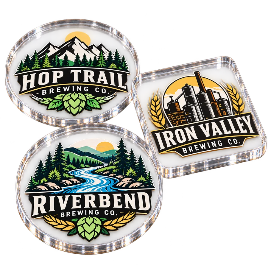 Brewery acrylic coasters with custom brewery logo samples on a transparent background