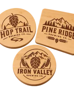 Brewery bamboo coasters with custom brewery logo samples on a transparent background