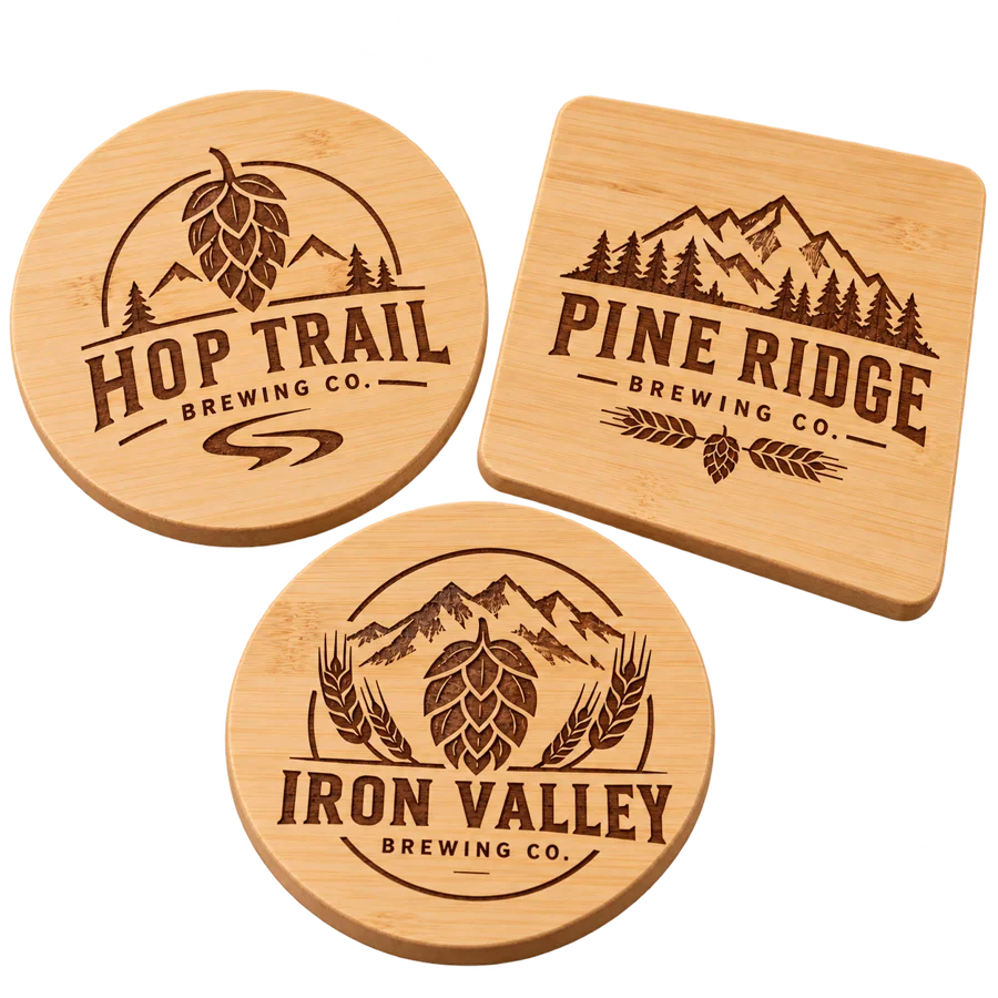 Brewery bamboo coasters with custom brewery logo samples on a transparent background