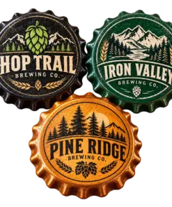 Brewery cap coasters with custom brewery logo samples on a transparent background