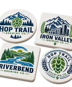 Brewery ceramic coasters with custom brewery logo samples on a transparent background