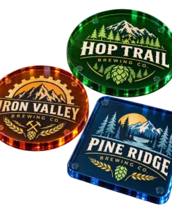 Brewery colored acrylic coasters with custom brewery logo samples on a transparent background