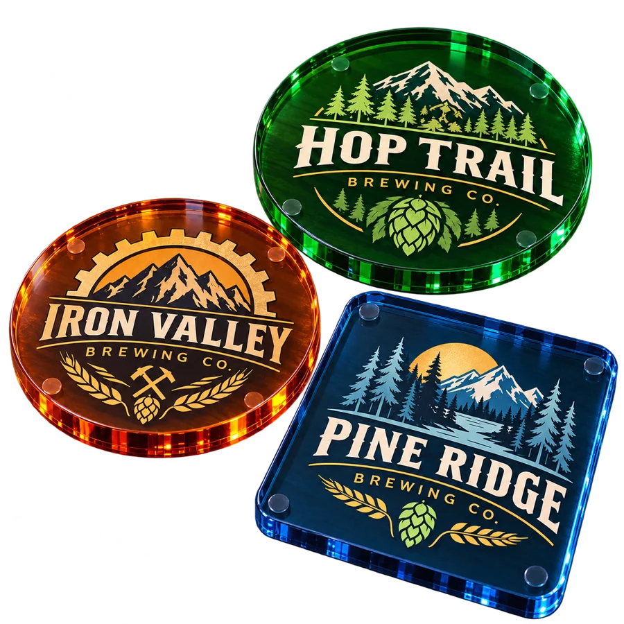 Brewery colored acrylic coasters with custom brewery logo samples on a transparent background