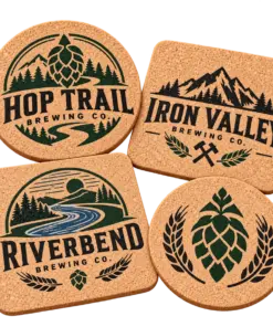 Brewery cork coasters with custom brewery logo samples on a transparent background
