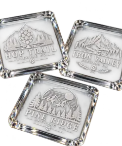 Brewery crystal coasters with custom brewery logo samples on a transparent background