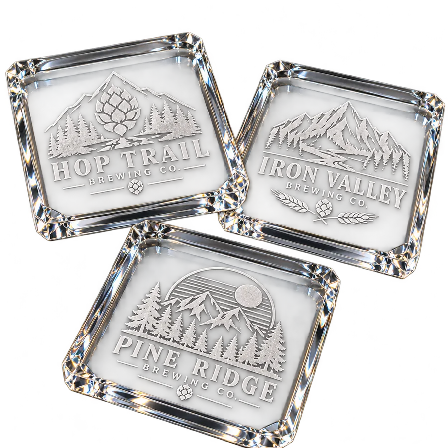 Brewery crystal coasters with custom brewery logo samples on a transparent background