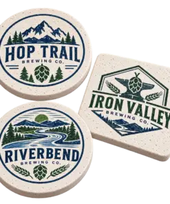 Brewery diatom coasters with custom brewery logo samples on a transparent background