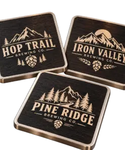 Brewery ebony coasters with custom brewery logo samples on a transparent background