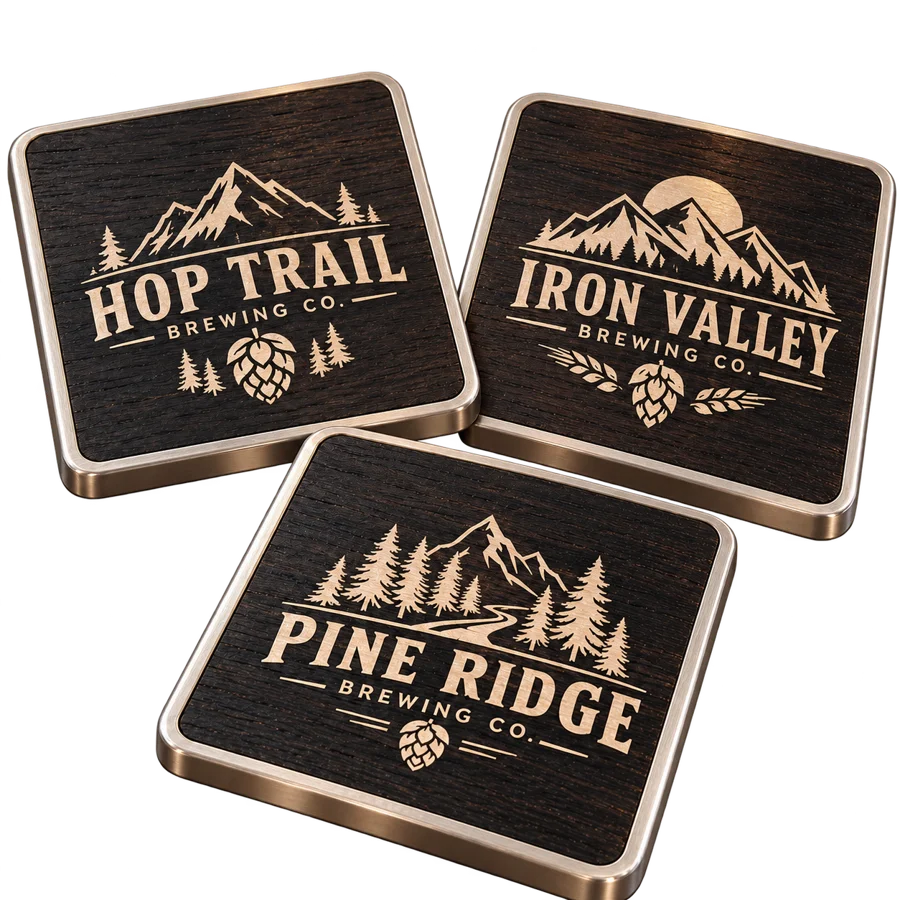 Brewery ebony coasters with custom brewery logo samples on a transparent background