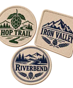 Brewery fabric coasters with custom brewery logo samples on a transparent background