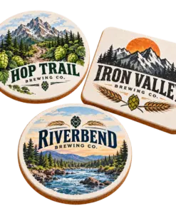 Brewery fiberboard coasters with custom brewery logo samples on a transparent background