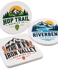 Brewery foam coasters with custom brewery logo samples on a transparent background