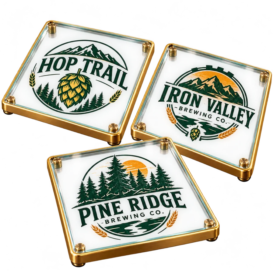 Brewery glass coasters with custom brewery logo samples on a transparent background
