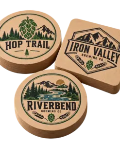 Brewery kraft coasters with custom brewery logo samples on a transparent background