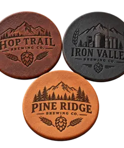 Brewery leather coasters with custom brewery logo samples on a transparent background