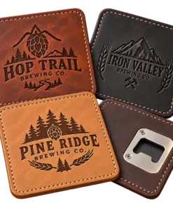 Brewery leather opener coasters with custom brewery logo samples on a transparent background