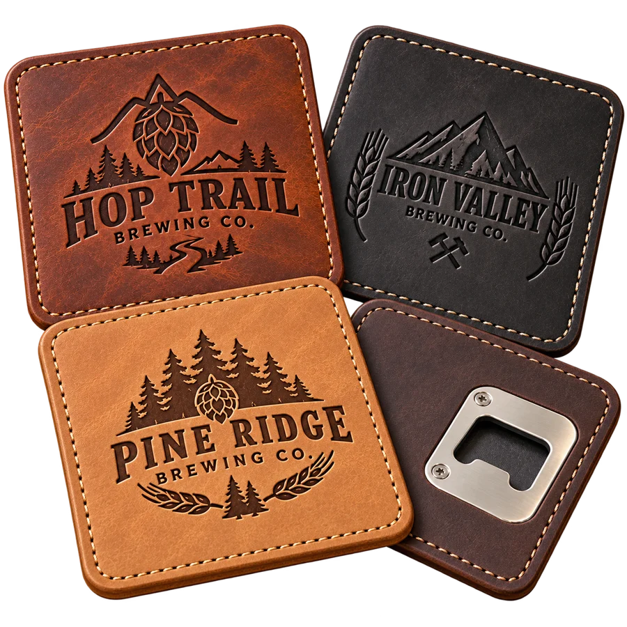 Brewery leather opener coasters with custom brewery logo samples on a transparent background