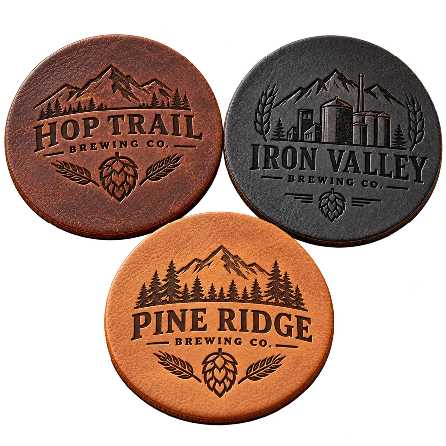 Brewery leather coasters with custom brewery logo samples on a transparent background