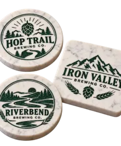 Brewery marble coasters with custom brewery logo samples on a transparent background