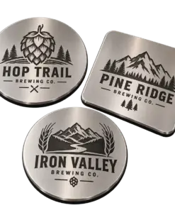 Brewery metal coasters with custom brewery logo samples on a transparent background