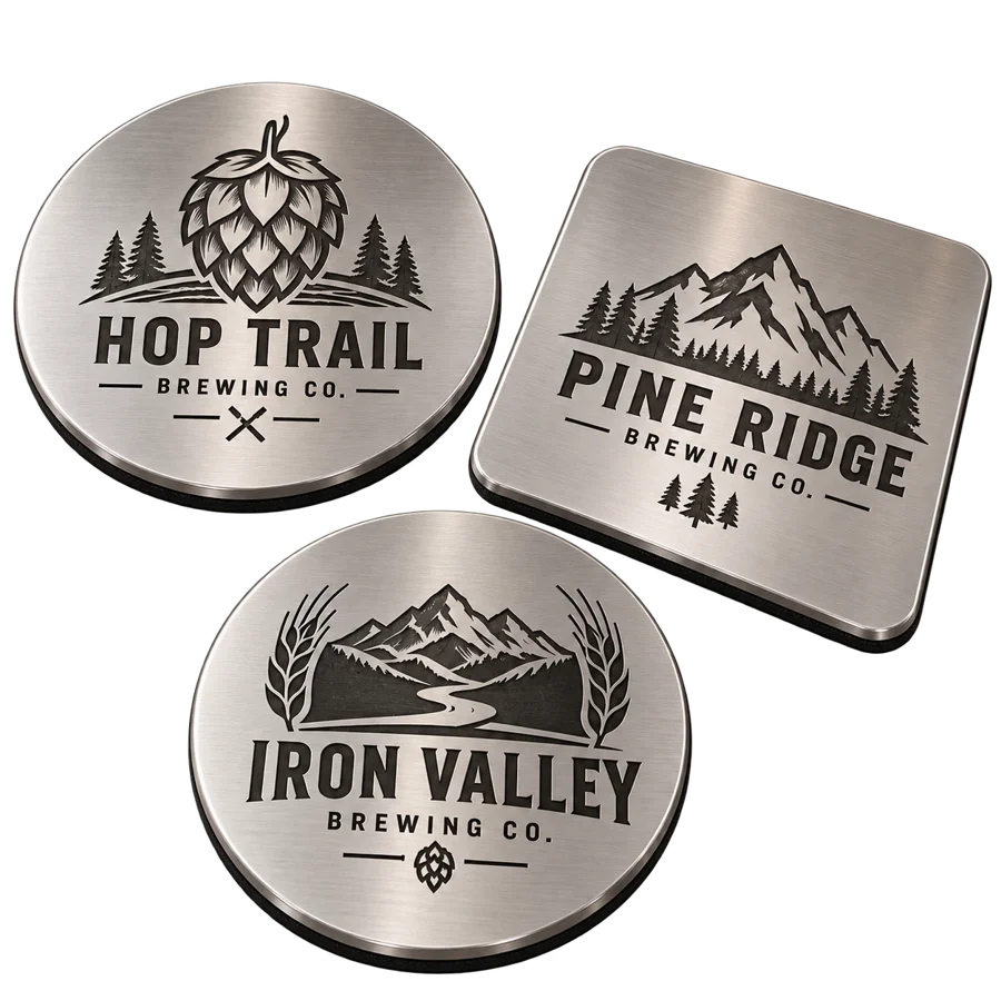 Brewery metal coasters with custom brewery logo samples on a transparent background