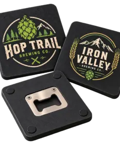 Brewery opener coasters with custom brewery logo samples on a transparent background