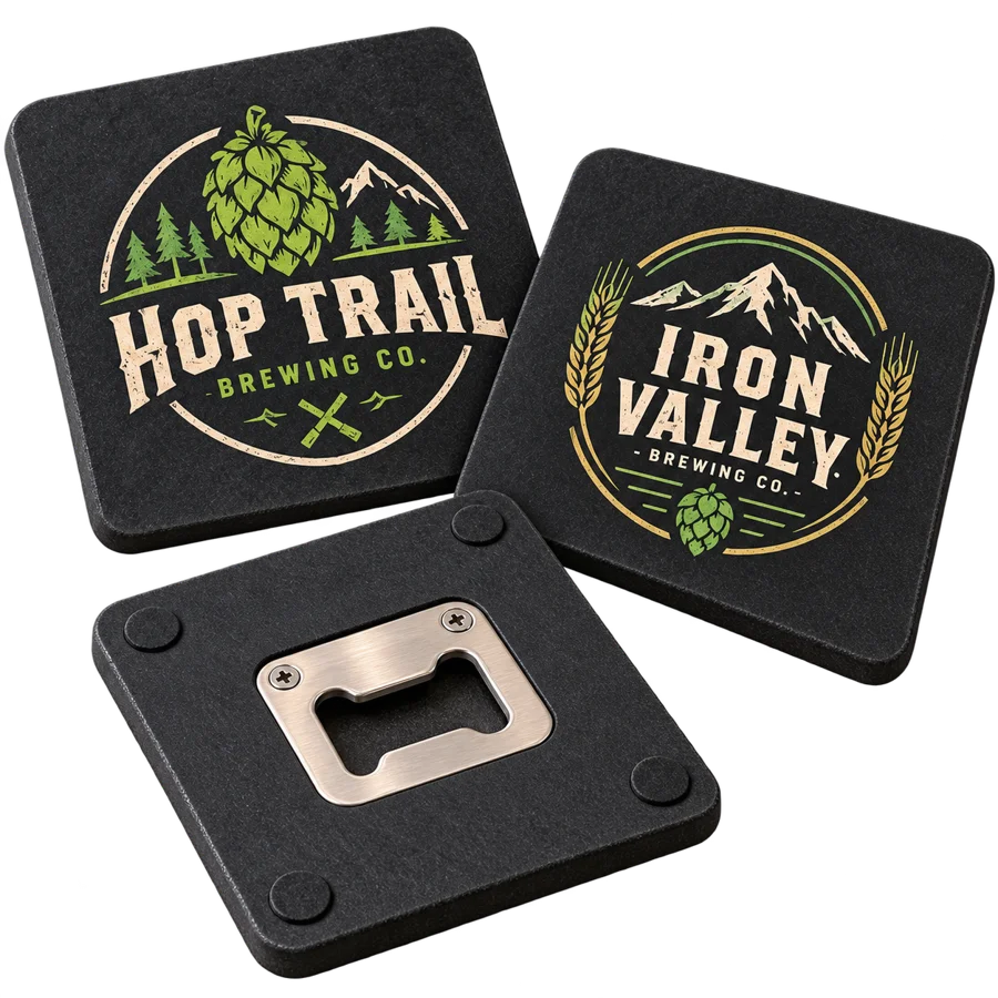 Brewery opener coasters with custom brewery logo samples on a transparent background