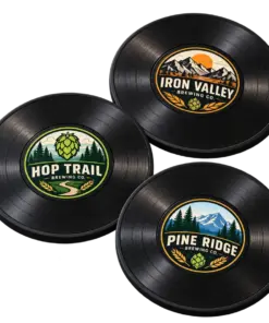 Brewery record coasters with custom brewery logo samples on a transparent background