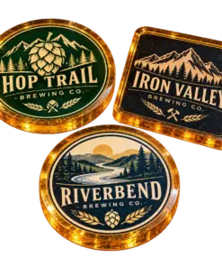 Brewery resin coasters with custom brewery logo samples on a transparent background